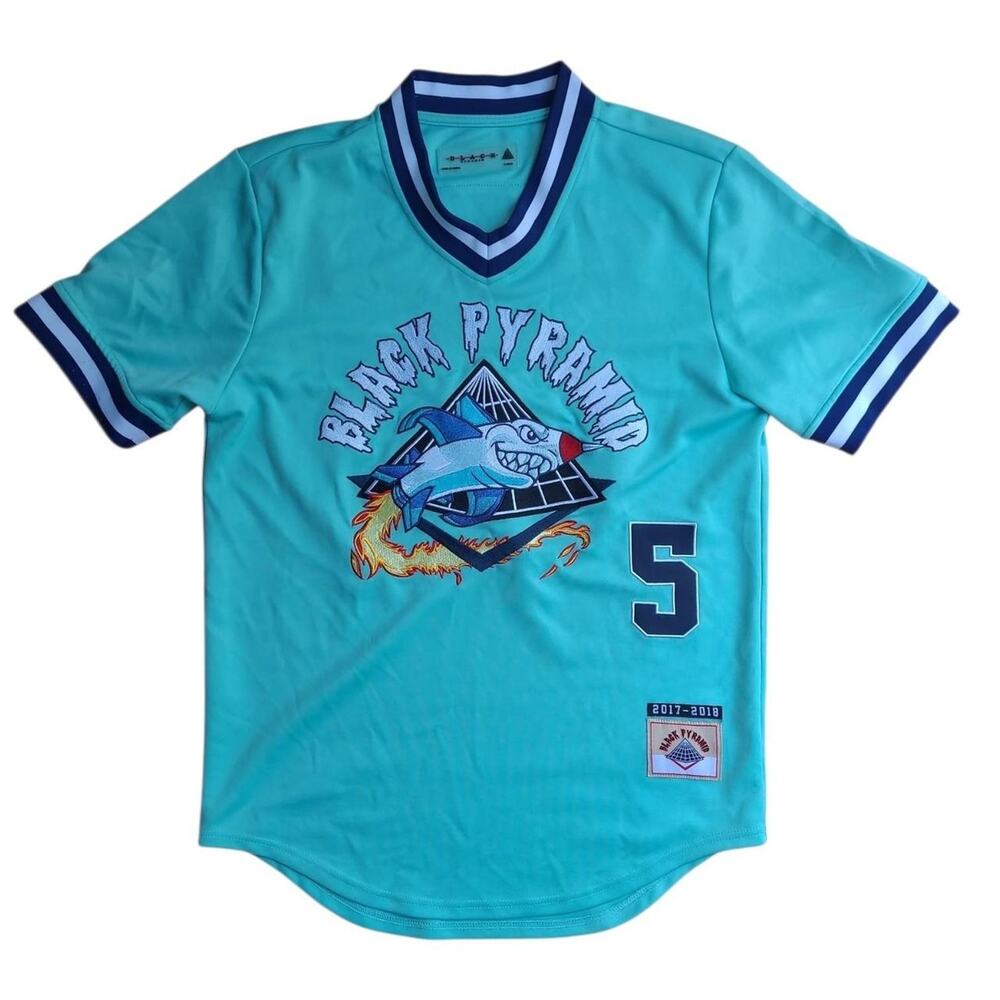 Black Pyramid Shark Baseball Jersey Mens Size L Auqua Blue Number 5